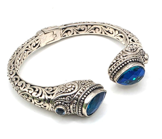 SARDA 925 Sterling Silver Blue Topaz Teardrop Hinged Cuff Bracelet 6.25