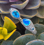 SARDA 925 Sterling Silver Blue Topaz Teardrop Hinged Cuff Bracelet 6.25