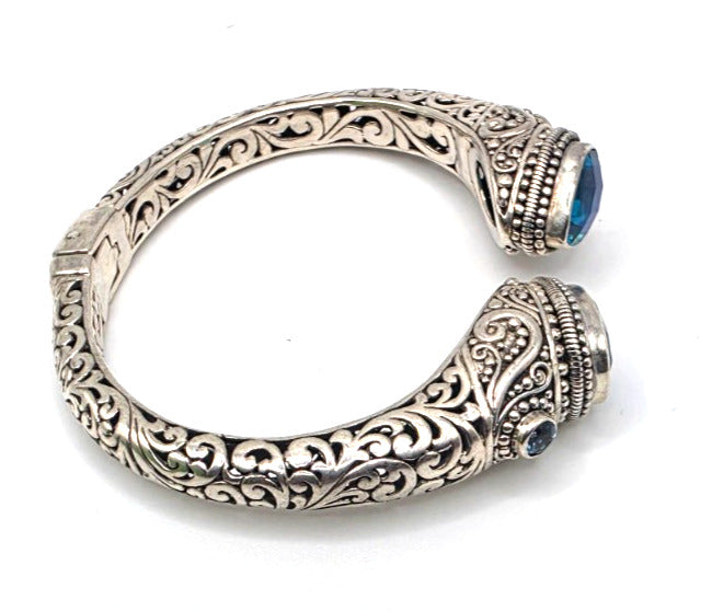 SARDA 925 Sterling Silver Blue Topaz Teardrop Hinged Cuff Bracelet 6.25
