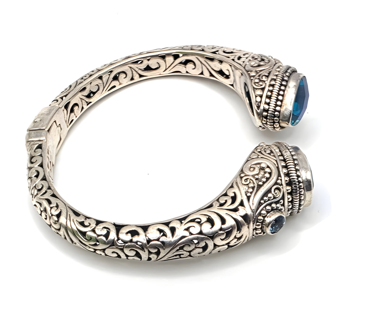 SARDA 925 Sterling Silver Blue Topaz Teardrop Hinged Cuff Bracelet 6.25
