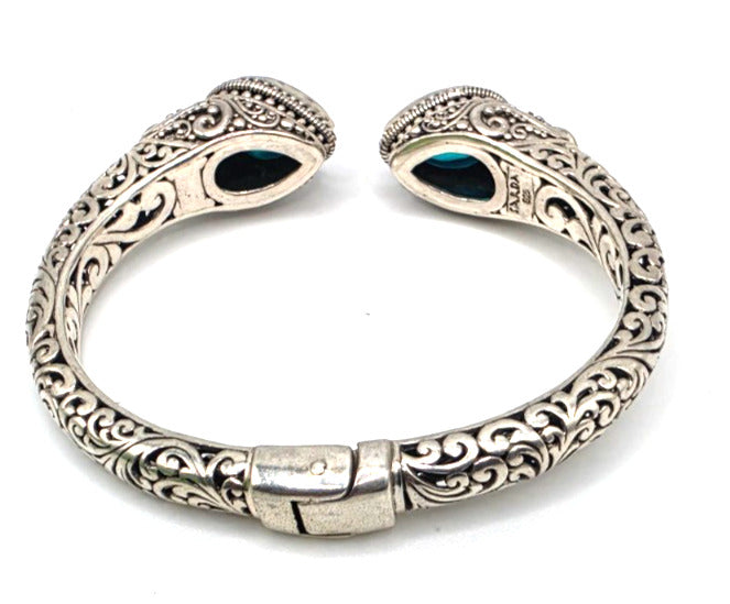 SARDA 925 Sterling Silver Blue Topaz Teardrop Hinged Cuff Bracelet 6.25