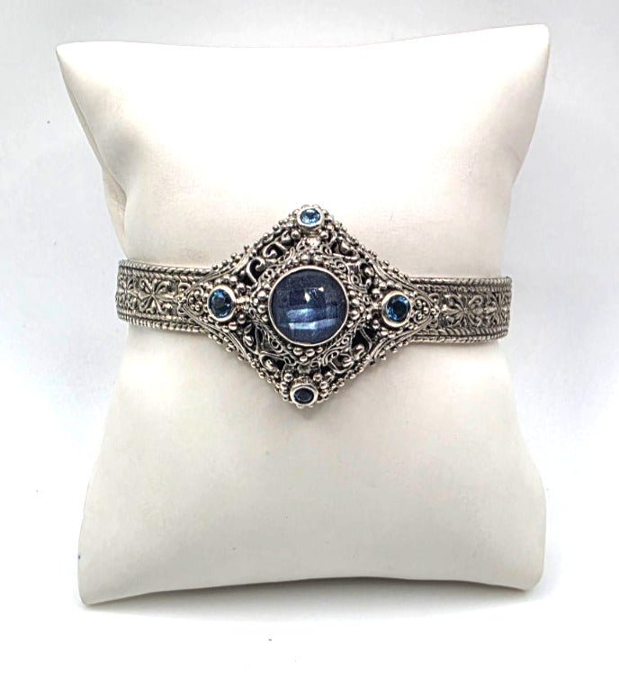SARDA 925 Sterling Silver Blue Gemstone Ornate Cuff Bracelet 6" 40.3g NWOT