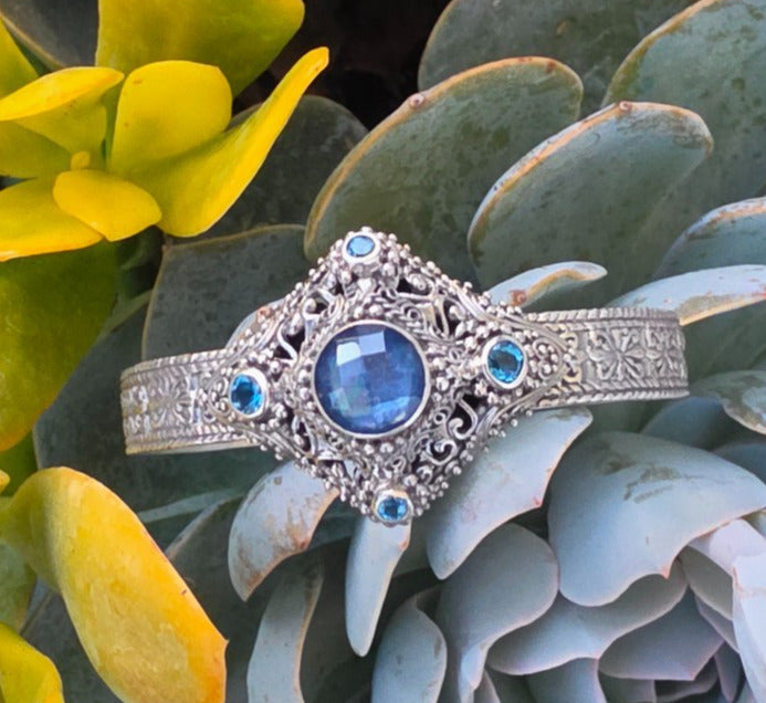 SARDA 925 Sterling Silver Blue Gemstone Ornate Cuff Bracelet 6" 40.3g NWOT