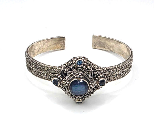SARDA 925 Sterling Silver Blue Gemstone Ornate Cuff Bracelet 6" 40.3g NWOT