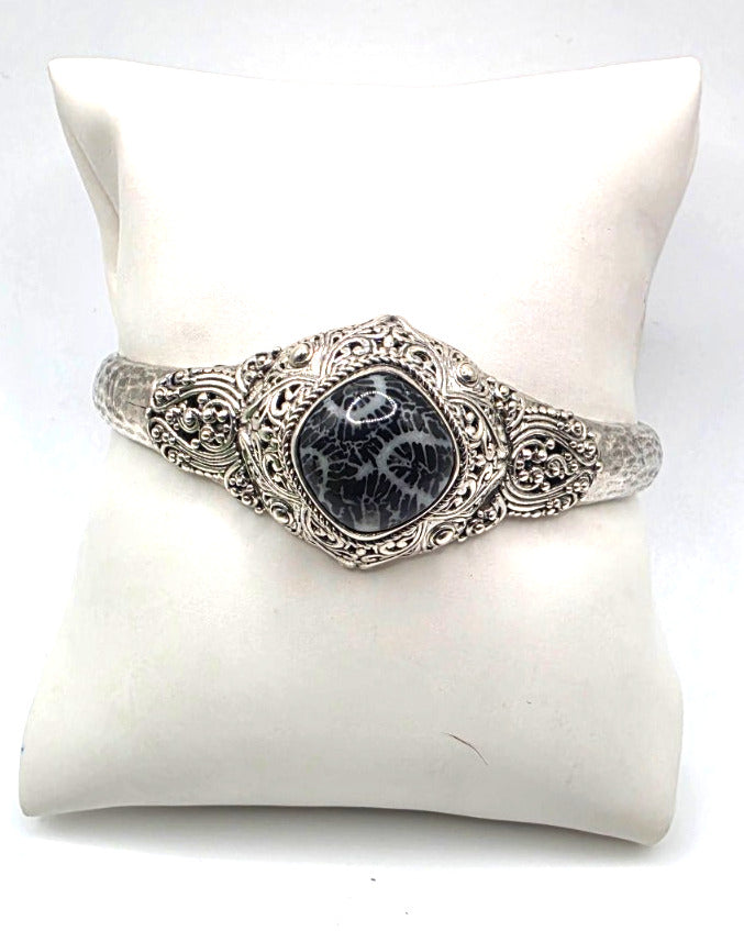 SARDA 925 Sterling Silver Fossil Cabochon Cuff Bracelet 27.7g 6" Bali