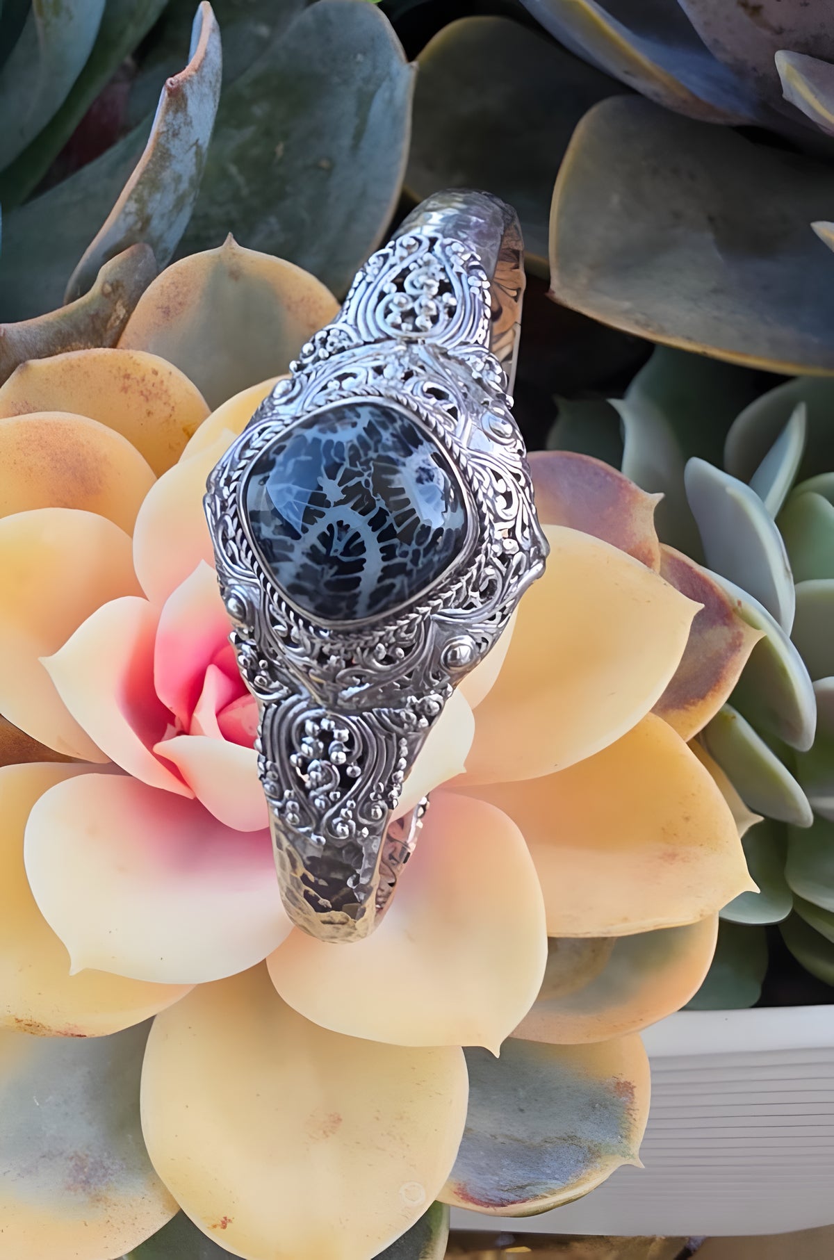 SARDA 925 Sterling Silver Fossil Cabochon Cuff Bracelet 27.7g 6" Bali