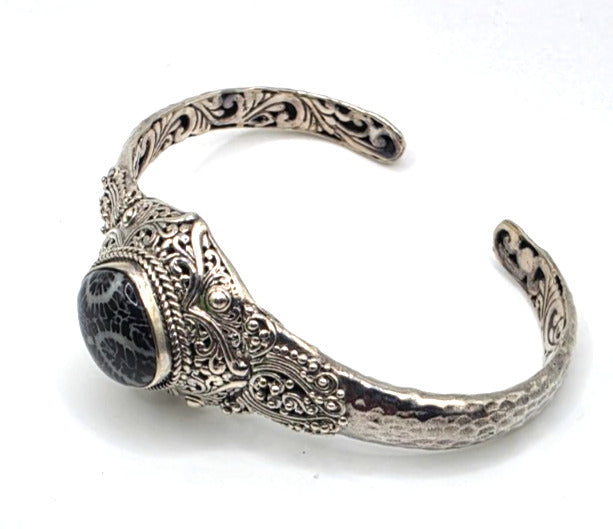 SARDA 925 Sterling Silver Fossil Cabochon Cuff Bracelet 27.7g 6" Bali