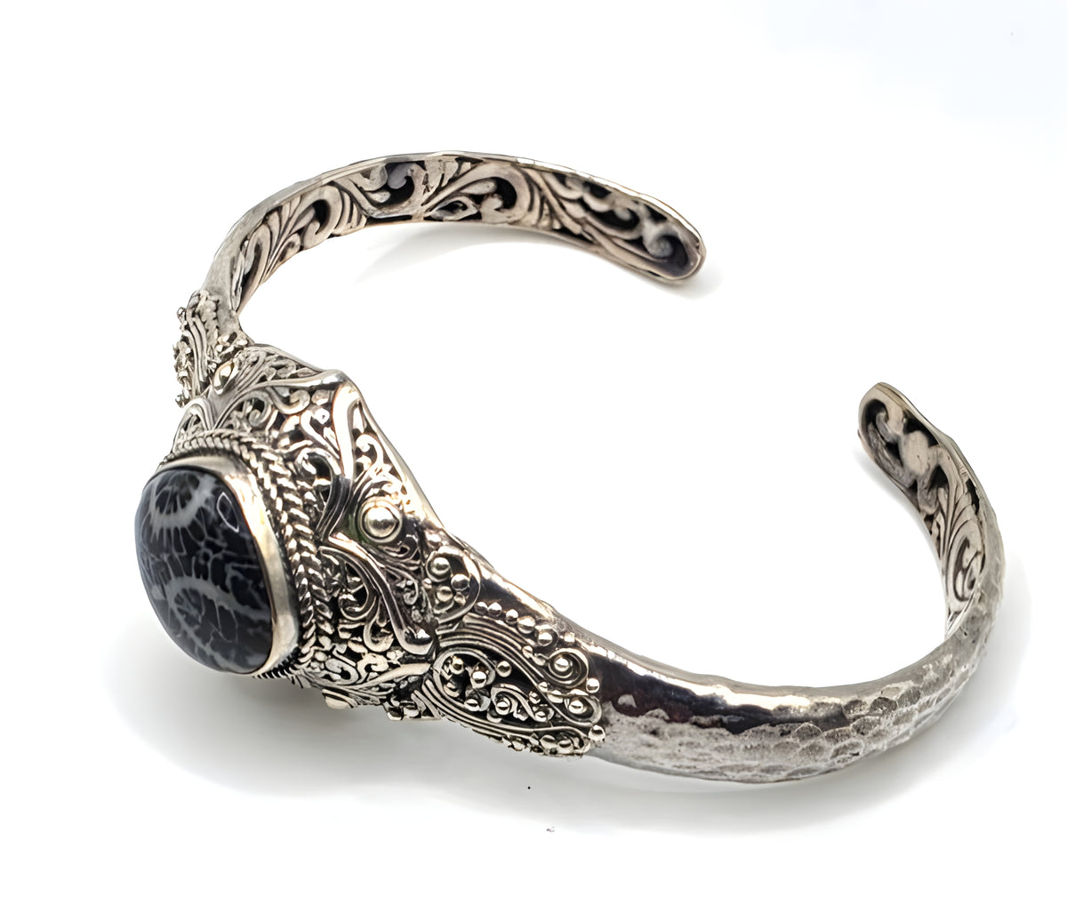 SARDA 925 Sterling Silver Fossil Cabochon Cuff Bracelet 27.7g 6" Bali