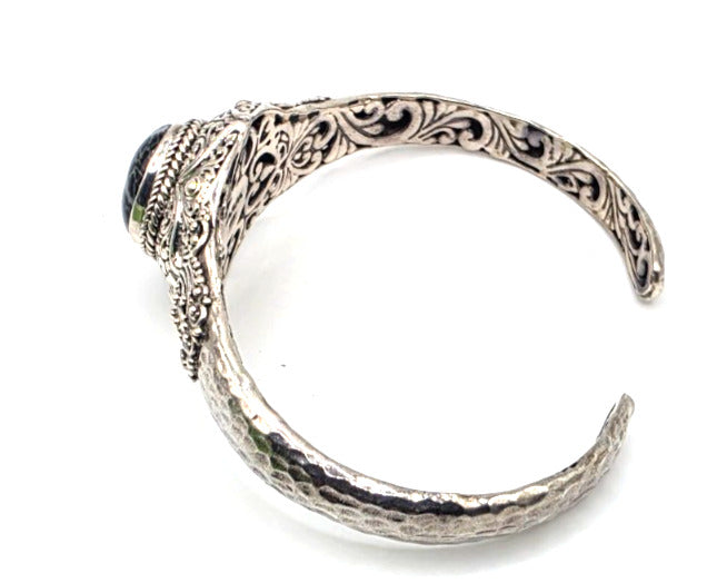SARDA 925 Sterling Silver Fossil Cabochon Cuff Bracelet 27.7g 6" Bali