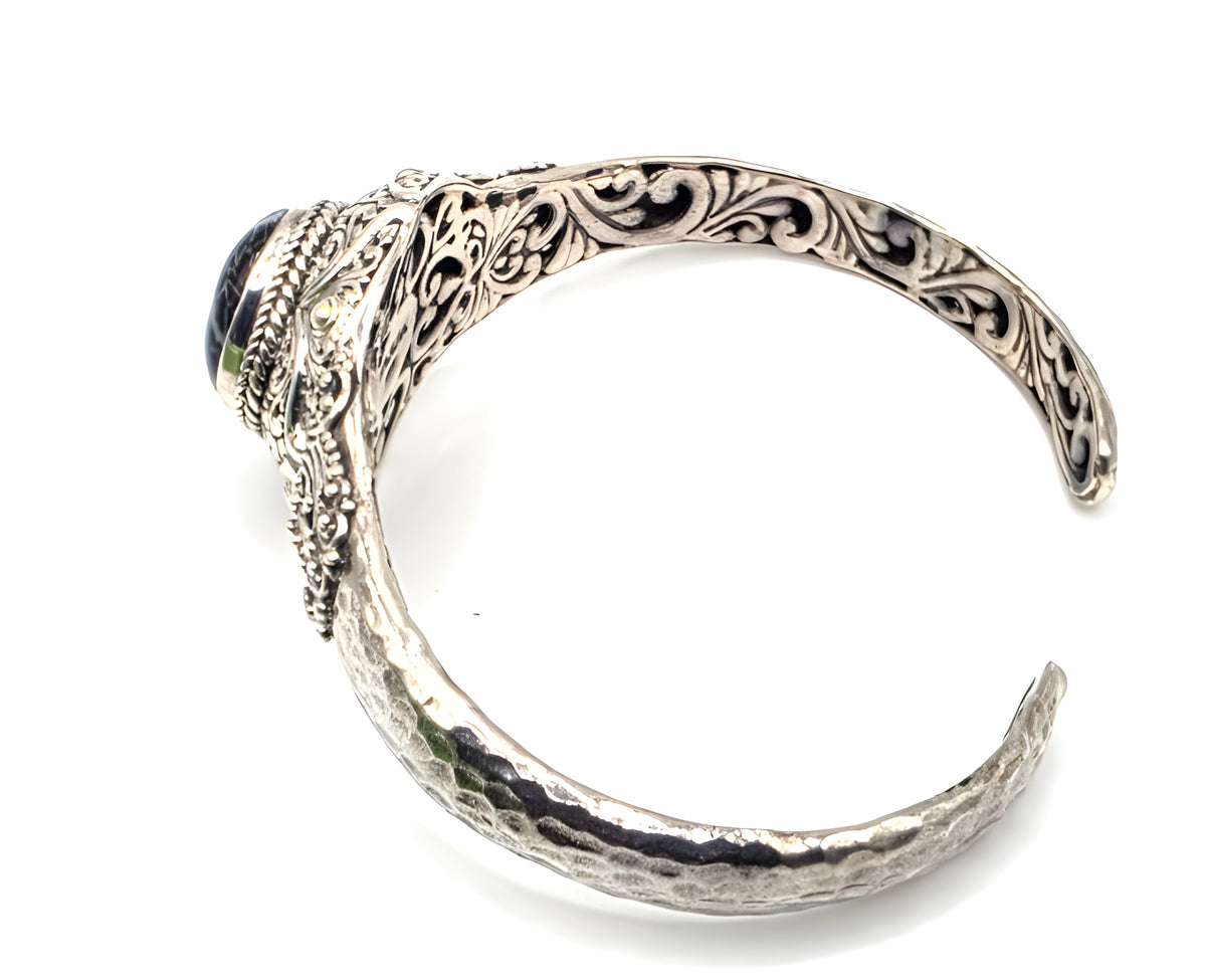 SARDA 925 Sterling Silver Fossil Cabochon Cuff Bracelet 27.7g 6" Bali