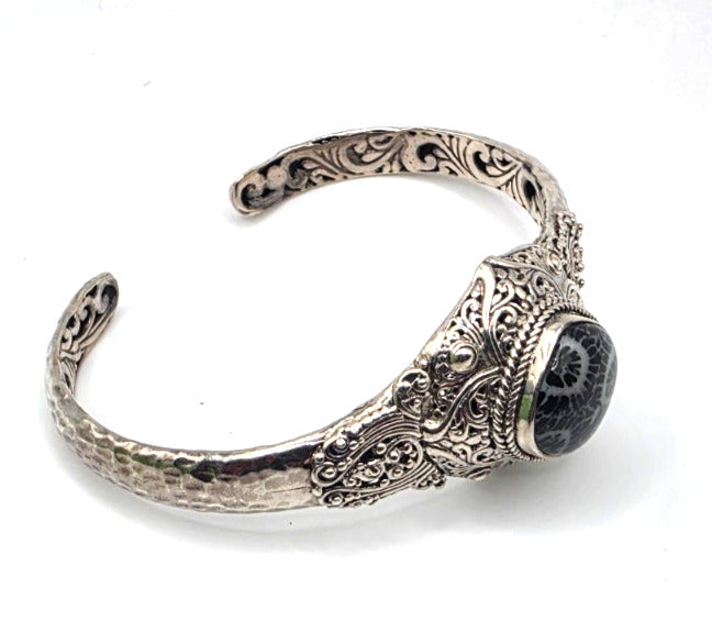 SARDA 925 Sterling Silver Fossil Cabochon Cuff Bracelet 27.7g 6" Bali