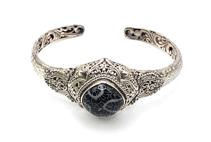 SARDA 925 Sterling Silver Fossil Cabochon Cuff Bracelet 27.7g 6" Bali