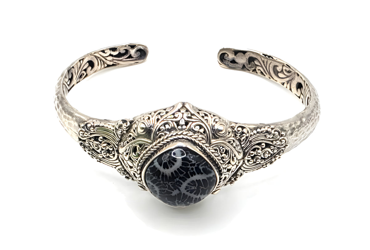 SARDA 925 Sterling Silver Fossil Cabochon Cuff Bracelet 27.7g 6" Bali