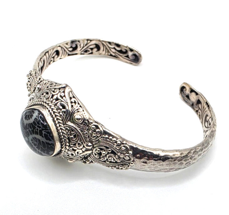 SARDA 925 Sterling Silver Fossil Cabochon Cuff Bracelet 27.7g 6" Bali