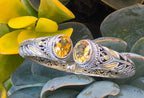 925 Sterling Silver Gold Accent Golden Gemstone Hinged Cuff Bracelet 35.7g