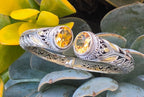925 Sterling Silver Gold Accent Golden Gemstone Hinged Cuff Bracelet 35.7g