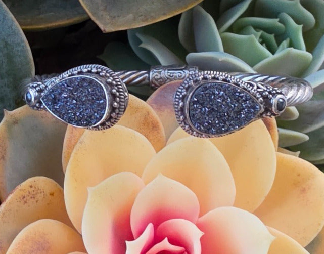925 Sterling Silver Black Druzy Style Double Pear Cuff Bracelet