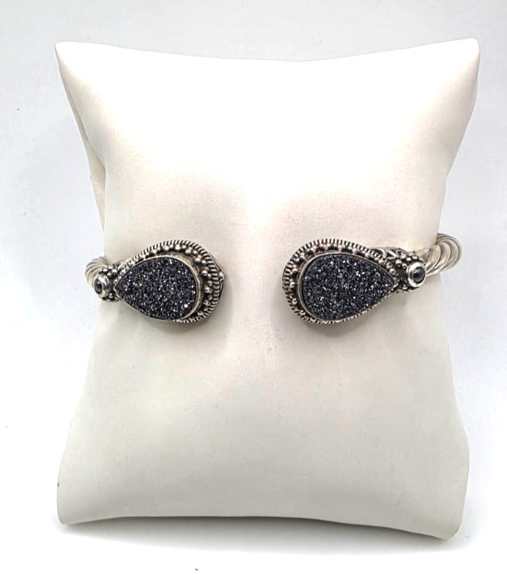 925 Sterling Silver Black Druzy Style Double Pear Cuff Bracelet