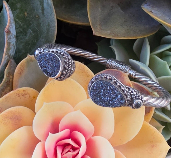 925 Sterling Silver Black Druzy Style Double Pear Cuff Bracelet