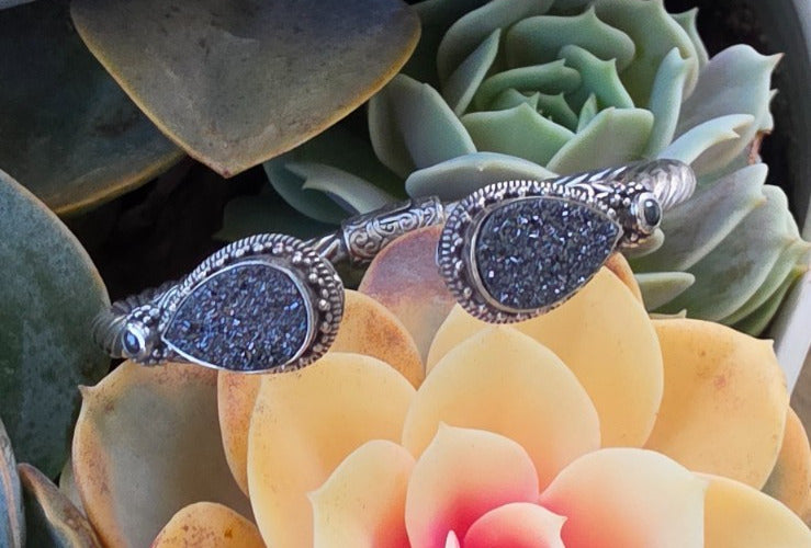 925 Sterling Silver Black Druzy Style Double Pear Cuff Bracelet