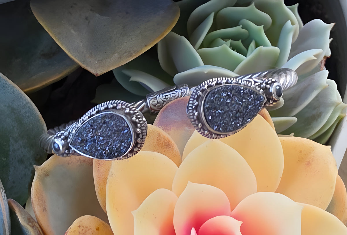 925 Sterling Silver Black Druzy Style Double Pear Cuff Bracelet