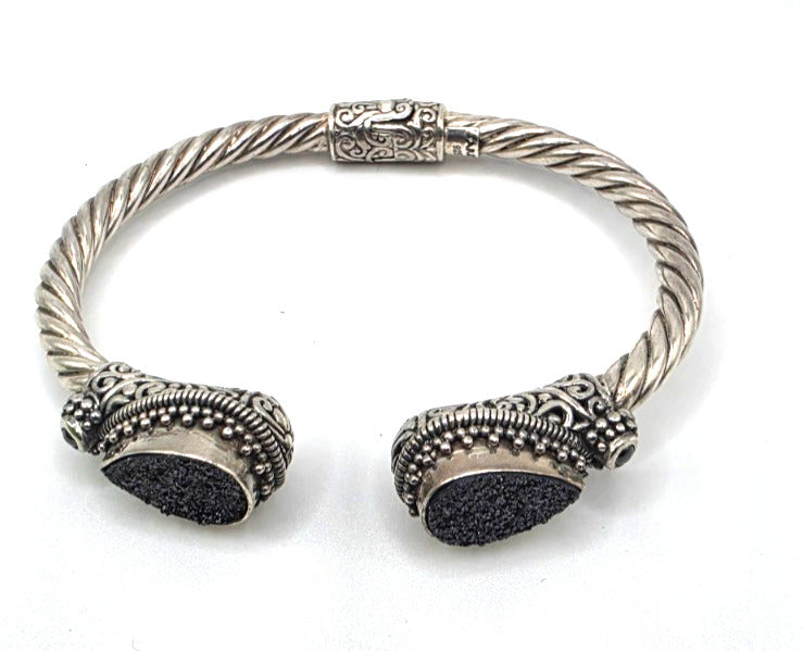 925 Sterling Silver Black Druzy Style Double Pear Cuff Bracelet