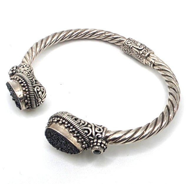 925 Sterling Silver Black Druzy Style Double Pear Cuff Bracelet