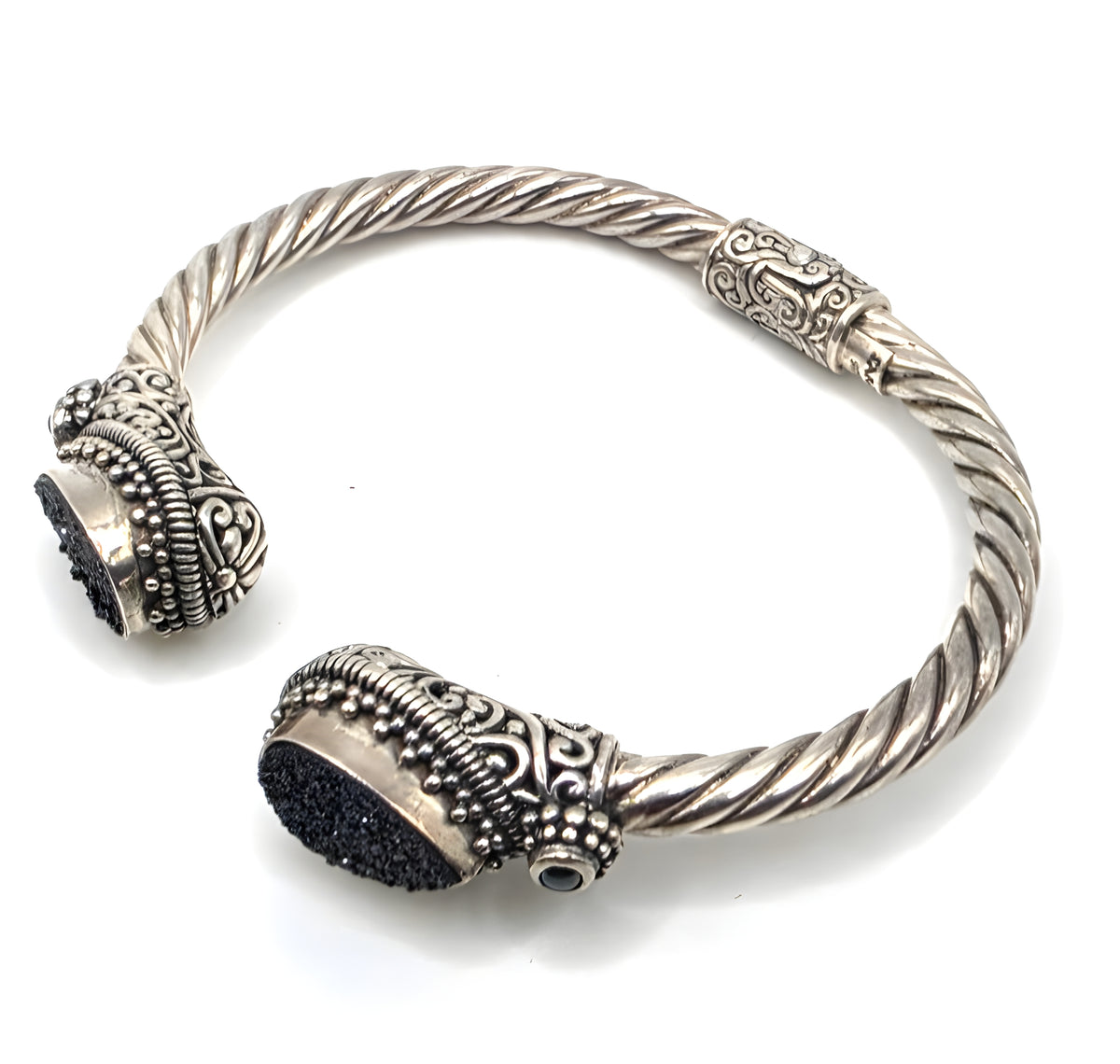 925 Sterling Silver Black Druzy Style Double Pear Cuff Bracelet
