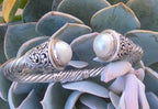Sterling Silver 925 Pearl Cable Cuff Bracelet Gold Accents 6"