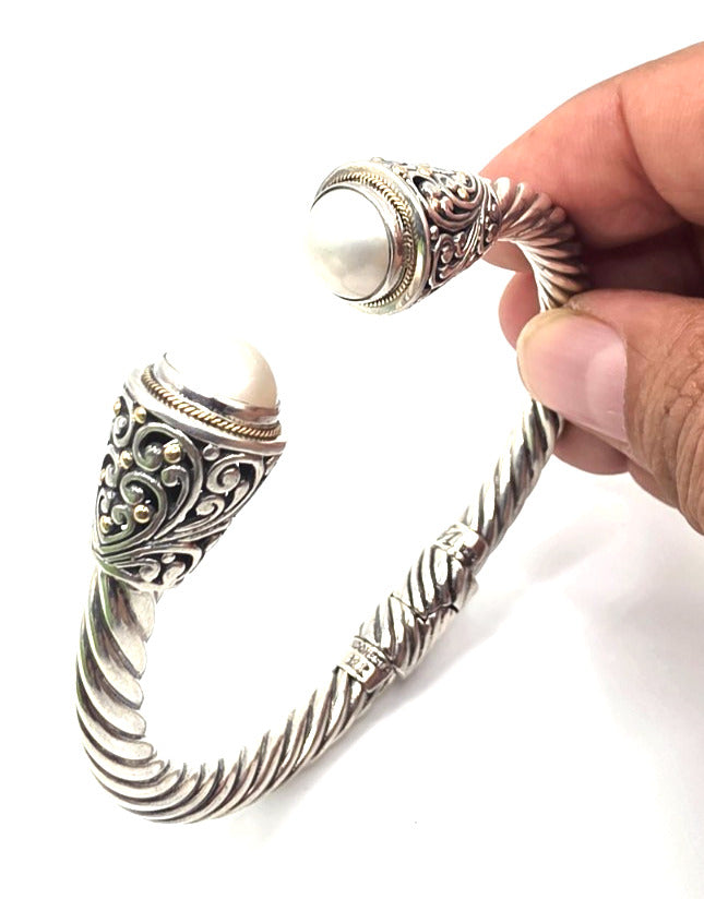 Sterling Silver 925 Pearl Cable Cuff Bracelet Gold Accents 6"