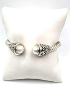 Sterling Silver 925 Pearl Cable Cuff Bracelet Gold Accents 6"