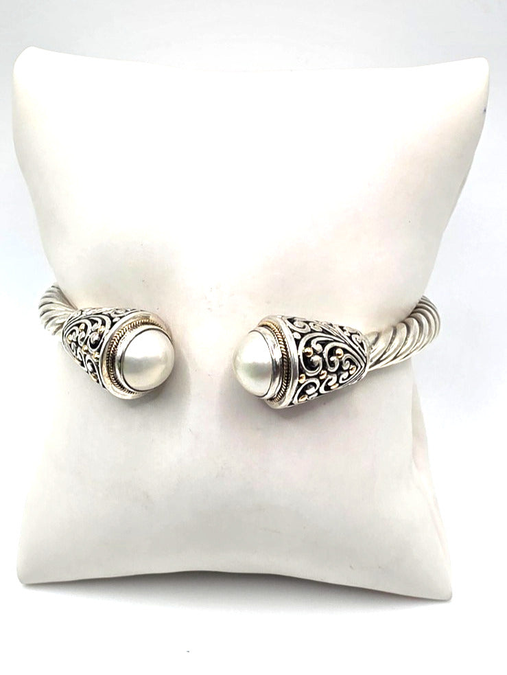Sterling Silver 925 Pearl Cable Cuff Bracelet Gold Accents 6"