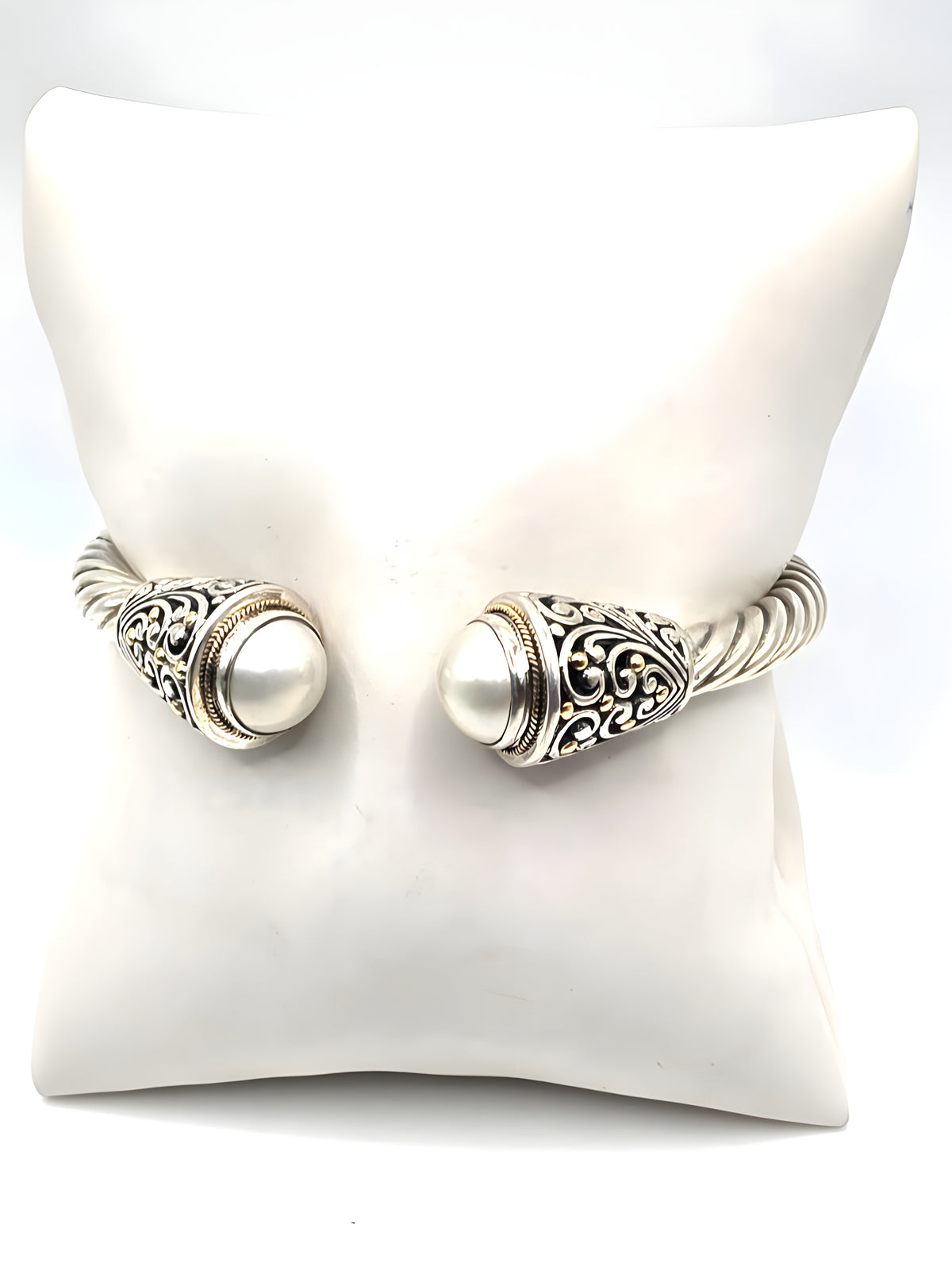 Sterling Silver 925 Pearl Cable Cuff Bracelet Gold Accents 6"