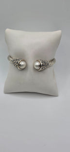 Sterling Silver 925 Pearl Cable Cuff Bracelet Gold Accents 6"