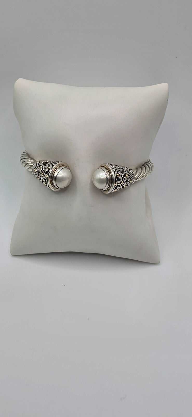 Sterling Silver 925 Pearl Cable Cuff Bracelet Gold Accents 6"