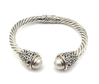 Sterling Silver 925 Pearl Cable Cuff Bracelet Gold Accents 6"