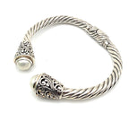 Sterling Silver 925 Pearl Cable Cuff Bracelet Gold Accents 6"