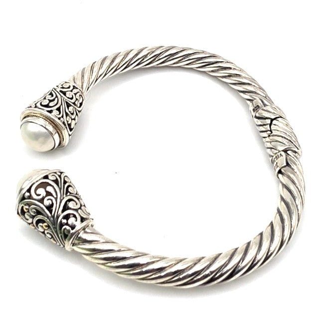 Sterling Silver 925 Pearl Cable Cuff Bracelet Gold Accents 6"