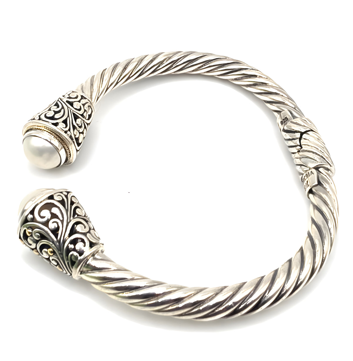 Sterling Silver 925 Pearl Cable Cuff Bracelet Gold Accents 6"