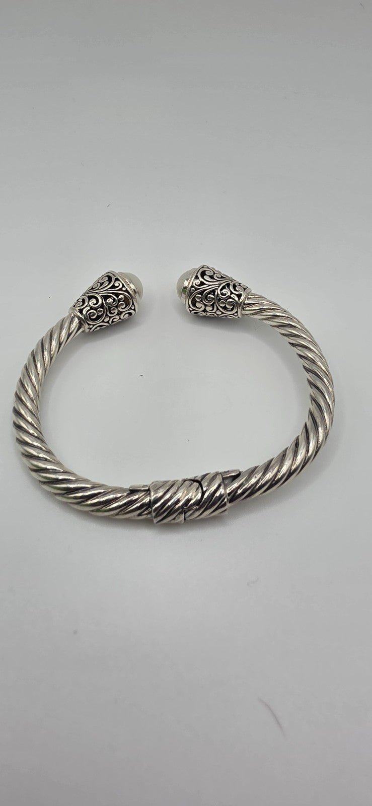 Sterling Silver 925 Pearl Cable Cuff Bracelet Gold Accents 6"