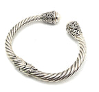 Sterling Silver 925 Pearl Cable Cuff Bracelet Gold Accents 6"
