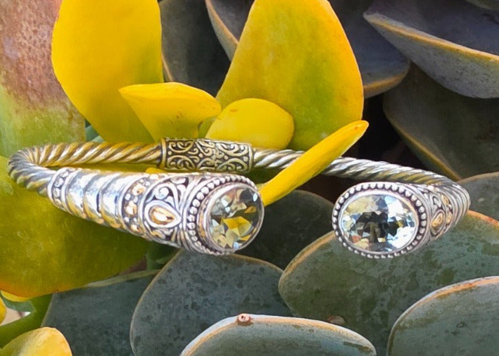 Designer 925 Sterling Silver 18K Gold Green Gemstone Cuff Bracelet
