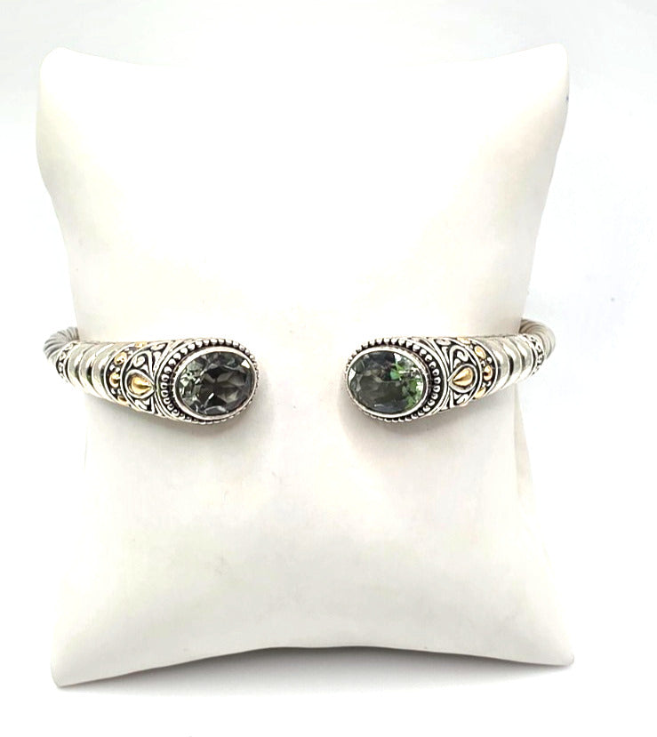 Designer 925 Sterling Silver 18K Gold Green Gemstone Cuff Bracelet