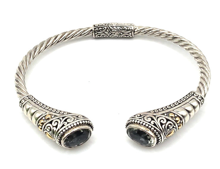 Designer 925 Sterling Silver 18K Gold Green Gemstone Cuff Bracelet