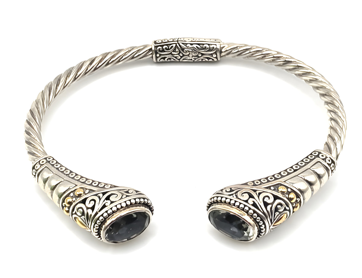 Designer 925 Sterling Silver 18K Gold Green Gemstone Cuff Bracelet