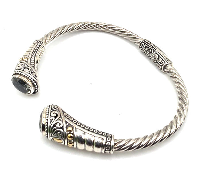 Designer 925 Sterling Silver 18K Gold Green Gemstone Cuff Bracelet