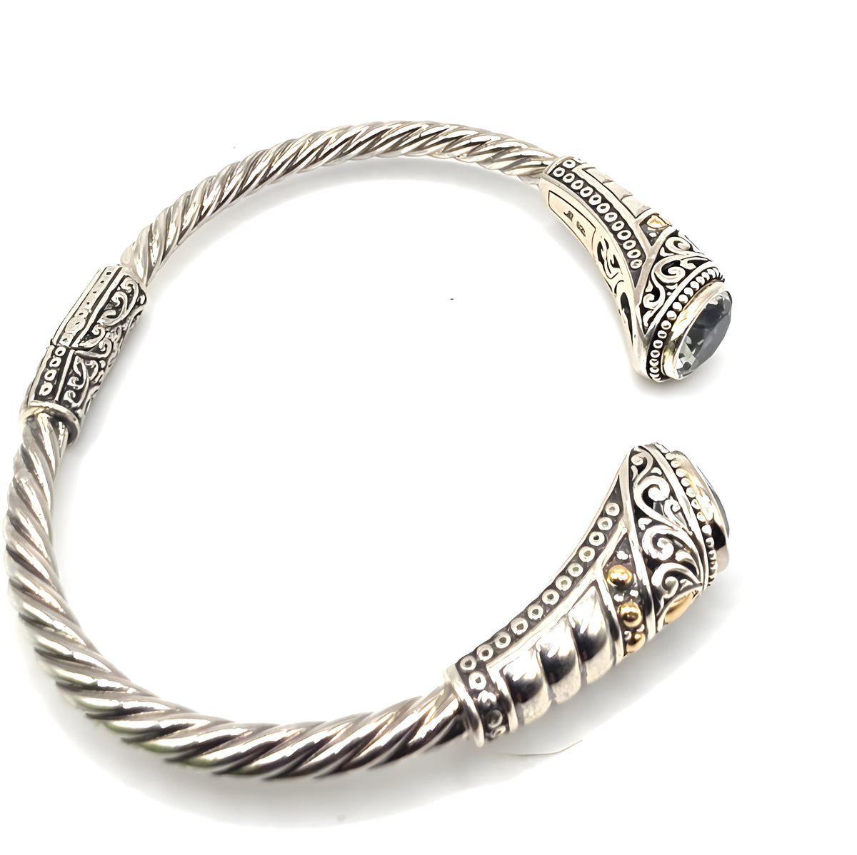 Designer 925 Sterling Silver 18K Gold Green Gemstone Cuff Bracelet