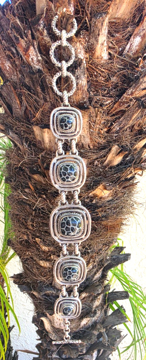 SARDA 925 Sterling Silver Black Gray Stone Link Bracelet