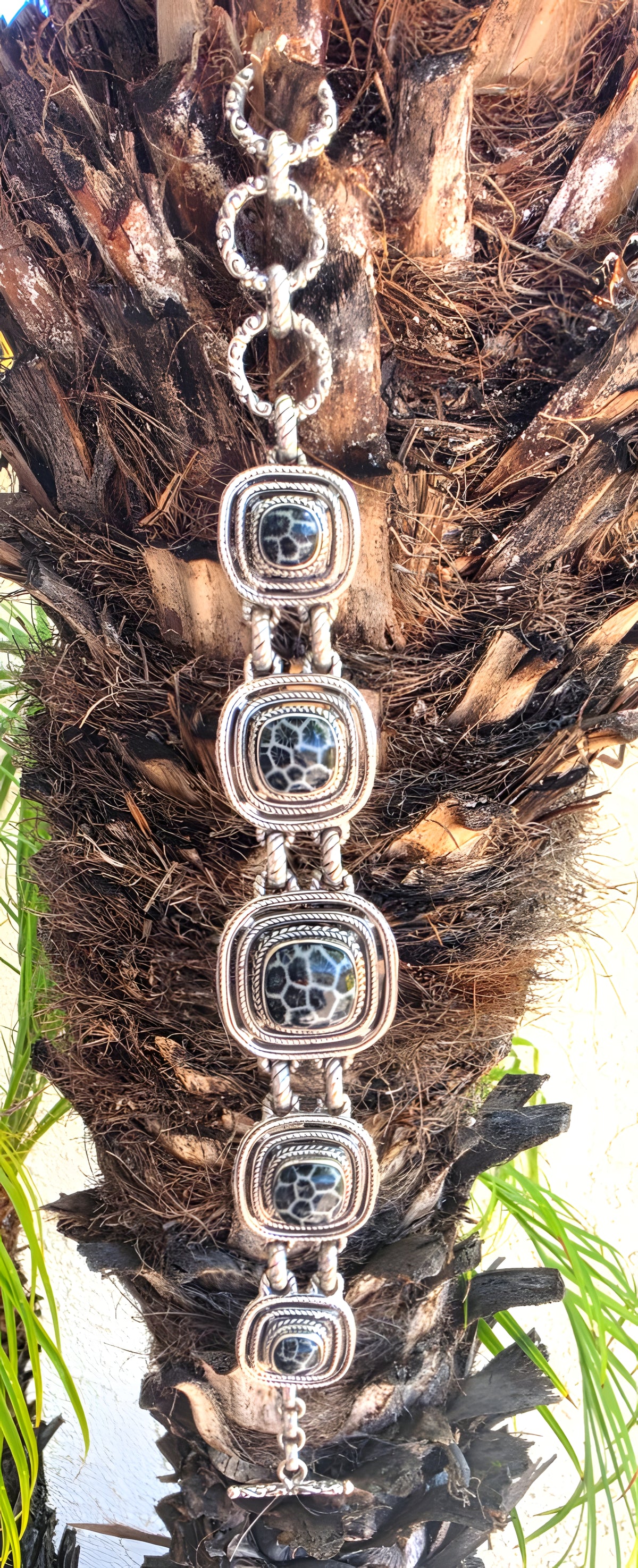 SARDA 925 Sterling Silver Black Gray Stone Link Bracelet
