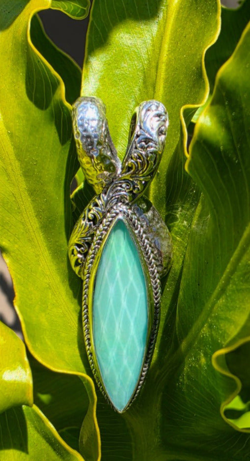 SARDA 925 Sterling Silver Blue Green Marquise Stone Pendant